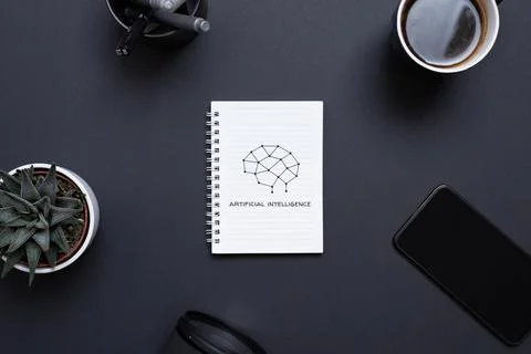 Brain drawn in a notebook of network nodes and the artificial intelligence te Stock Photos