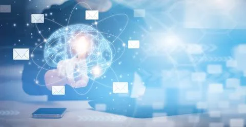 Brain with e-mail and marketing concept, Businessman touch brain 3 D with Ema Foto stock
