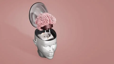 Brain with electricity plug connected to the human head. 3D illustration Stock Illustration