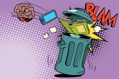 Brain electronics and a book thrown in the trash Stock Illustration