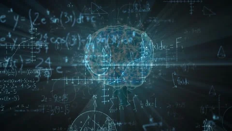 On brain emergence, neon brain rotating while equations emerging showing math Stock Footage 330772069