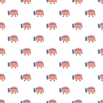 Brain exercising character with dumbbell in seamless pattern 스톡 일러스트