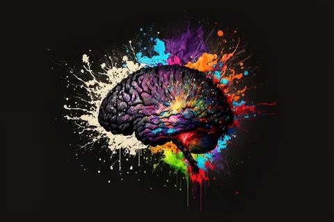 Brain exploding with creativity and imagination with rainbow coloured paint ener Stock Illustration