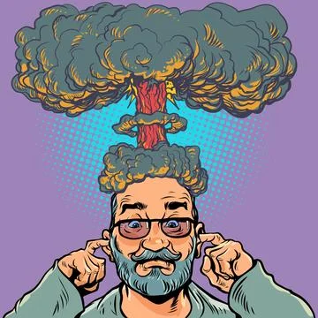 Brain explosion. A strong load on the thoughts of a person. A man with a beard Illustrazione stock