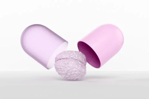 The brain falls out of the opened pill, 3d render Stock Illustration