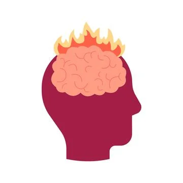 Brain with fire, head profile. Burnout on stress, brainstorm. Intense brain 库存插图
