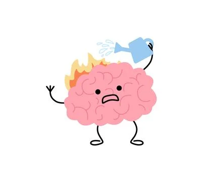 Brain with fire, selfhelp extinguish fire with water using watering can, cu.. Stock Illustration