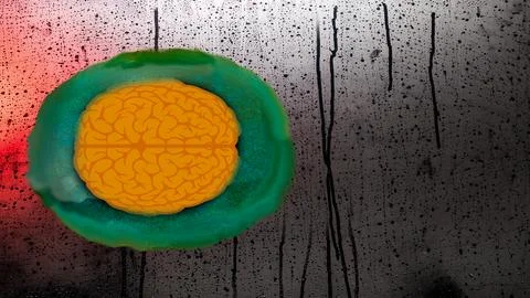 Brain floating on green surface with water droplets symbolizing mental health Stock Photos