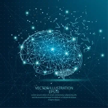 Brain form low poly wire frame on blue background. Stock Illustration
