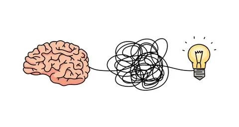 Brain forming an idea through tangled messy line connected to lightbulb symbol Stock Illustration