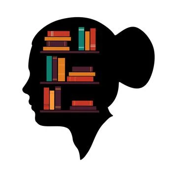 The brain is full of knowledge, Books library in head shape. Library bookshelves Stock Illustration