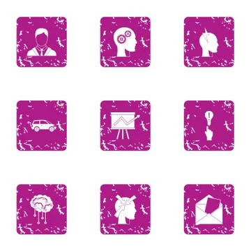 Brain function icons set, grunge style Stock Illustration