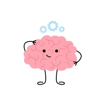 Brain with gear. Brain think, brainstorm and multitasking, cute child charact Stock Illustration