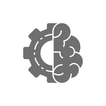 Brain with gear wheel, engineer mind, intellect grey icon. Stock Illustration