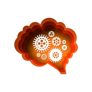 Brain, gears and cogs working together. Brainstorm paper cut style. Origami Stock Illustration