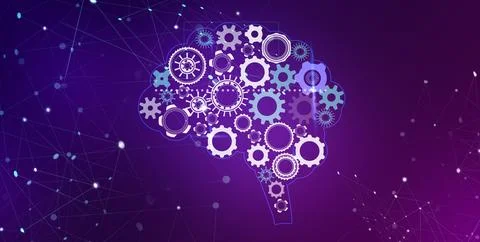 Brain with gears on a blue background. Efficient work, artificial intellige.. Stock Illustration