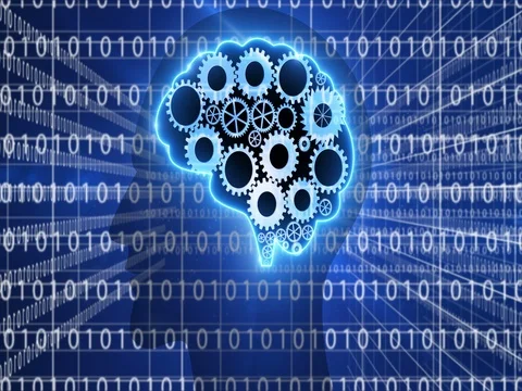Brain gears work and numbers data 1 blue 4K Stock Footage 73019296