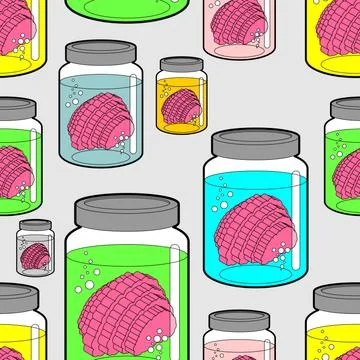 Brain in glass jar pattern seamless. Brainss in glassy Liter jar background.  Stock Illustration