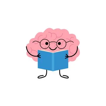 Brain in glasses with book, cute child character for knowledge, education. Happy Illustrazione stock