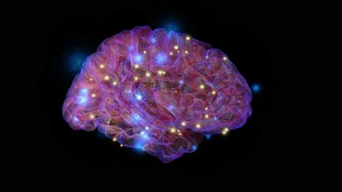 Brain with glowing particles of blue yellow light  . 3d animation rendering Stock Footage 145867232