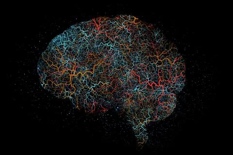 Brain graphic, neon neuro pattern and digital illustration with science hologram Illustrazione stock