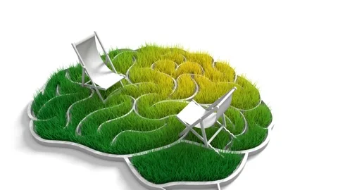 Brain with green grass and beach chaise lounges, symbolizing self-analyzing Stock Footage 319005708