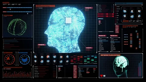 Brain head connected digital lines in digital display, artificial intelligence Stock Footage 69114483