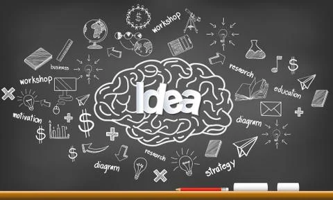 Brain head icon with multiple  idea in business. creativity. drawing on black Stock Illustration