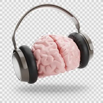 Brain with headphones isolated on white background. 3D illustration. Stock Illustration