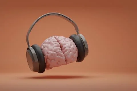 Brain with headphones on orange background with copy space. 3D illustration. Stock Illustration