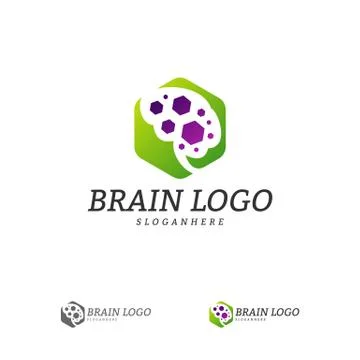Brain with Hexagon Logo Vector Template. Hexagon with Brain Mind Logo Concept Stock Illustration