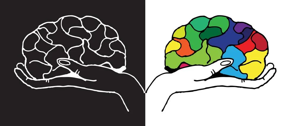 Brain hold hands black and white and colorful drawing, psychology, balance,.. Stock Illustration
