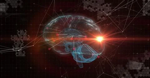 Brain hologram floating over grid with hex patterns, white network lines, red Illustrazione stock