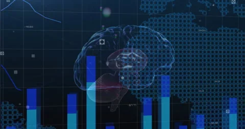 Brain hovering starting icons drifting, bar charts rising and grid mesh growing Stock Footage 312482164