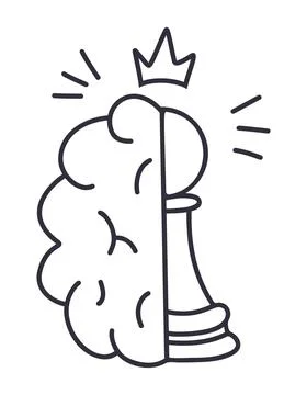 Brain Human Half and Chess Pawn with Crown Doodle. Smart Strategy Thinking .. Stock Illustration