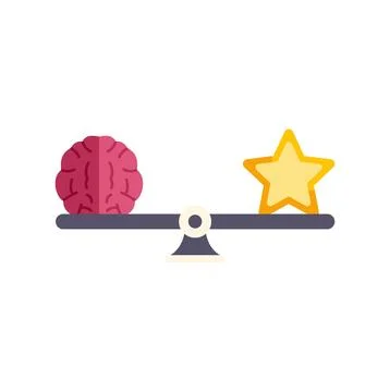 Brain icon and star icon balancing on a scale on a white background Illustrazione stock