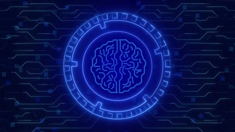 Brain icon animation inside blue neon circuit board circle frame. Brain ico.. Stock Footage 341127925