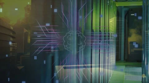 Brain icon appearing over rack row causing circuitry fanning markers moving Stock Footage 334881715