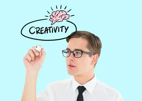 Brain icon with creative text over caucasian man writing on invisible screen 스톡 사진