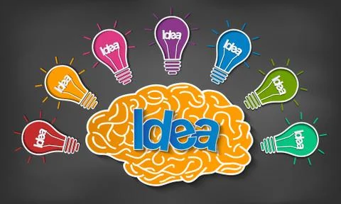 Brain icon head with multiple light bulb sparking Many color idea in business Stock Illustration