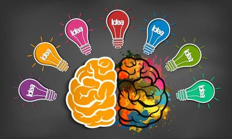 Brain icon head with multiple light bulb sparking Many color idea in business Stock Illustration