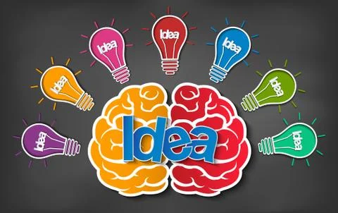 Brain icon head with multiple light bulb sparking Many color idea in business Stock Illustration