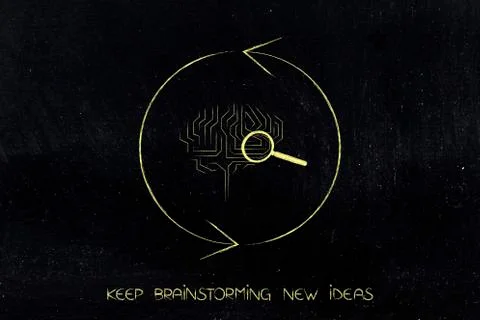 Brain icon with magnifying glass on it surrounded by refresh/repeat sign Stock Illustration