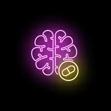 Brain icon with neon capsule researching mental health Stock Illustration