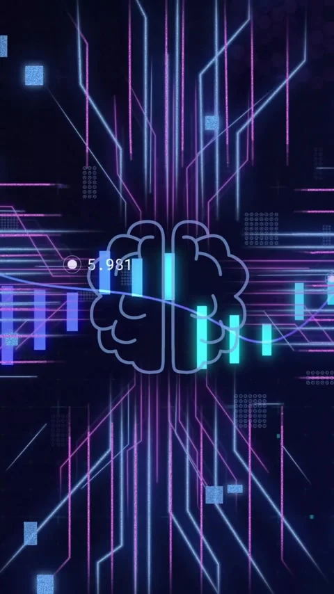 Brain icon with neon lines and financial data processing animation Stock Footage 342015581