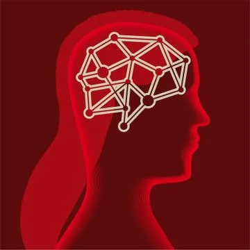 Brain icon over a soft female head silhouette in red. Stock Illustration