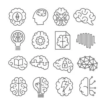 Brain Icon Set Collection Outline with monoline line art style, Ideas Inspi.. Illustrazione stock