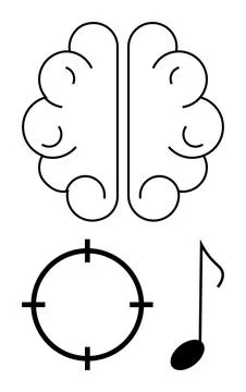 Brain icon, target symbol, and music note. Ideal for mental health, focus, cr Stock Illustration