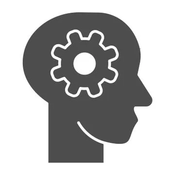 Brain idea in mind solid icon. Gear in head, solution wheel symbol, glyph style Illustrazione stock