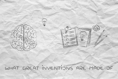 Brain with idea to write down on paper, what great inventions are made of Illustrazione stock